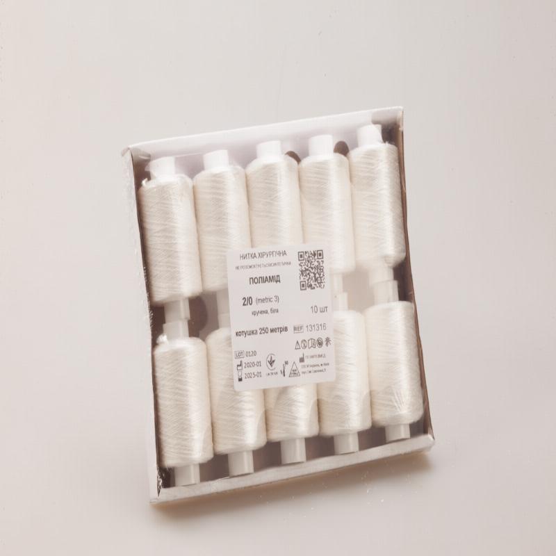 Нитка хірургічна, USP1 (М4), ПОЛІАМІД, кручена, біла, (котушка 130 метрів)